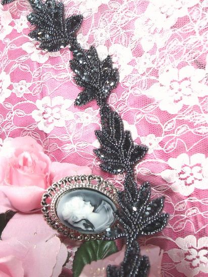 T8633 Gunmetal Leaf  vine Sequin Beaded Trim
