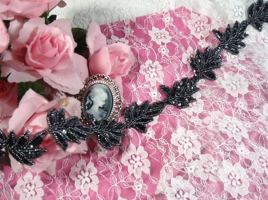 T8633 Gunmetal Leaf  vine Sequin Beaded Trim