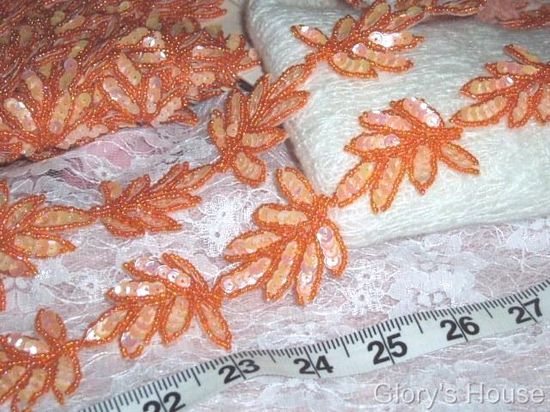T8633 Peach Orange Leaf  Vine Sequin Beaded Trim