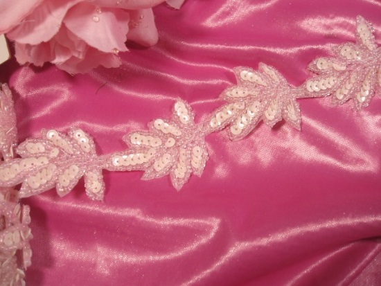 T8633 Pink Opaque Leaf  Vine Sequin Beaded Trim