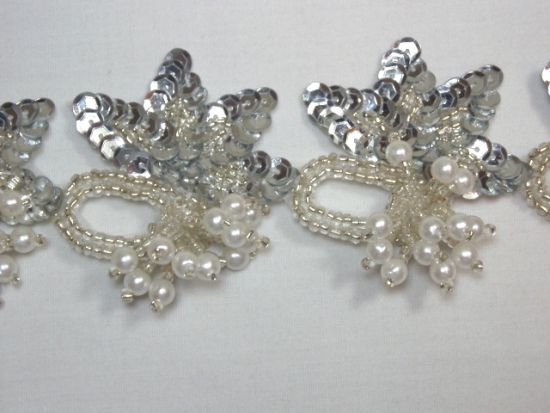 T8634  Silver Pearl Flower Sequin Beaded Applique or Trim