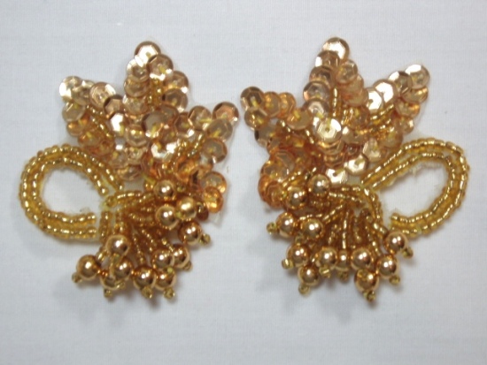 T8634  Set of 2 Gold Dangle Sequin Beaded Appliques 2"