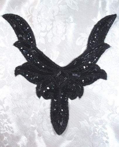 K8635  Black Collar Sequin Beaded Applique 9.5"