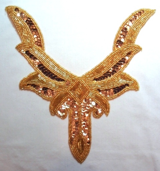 K8635  Gold Collar Sequin Beaded Applique 9.5"