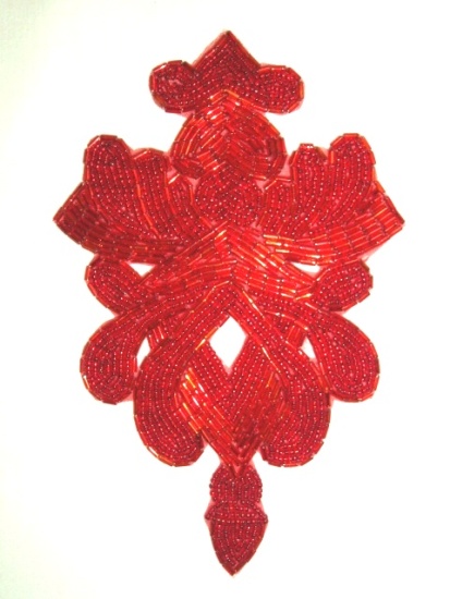 K8636  Red Victorian Beaded Applique Motif 6.75"