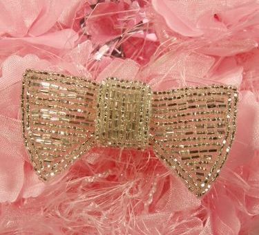 RM102 Silver Bow Tie Beaded Applique 3"
