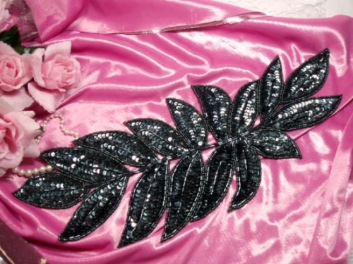 K8741  Gunmetal Leaf Cluster Sequin Beaded Applique 15"