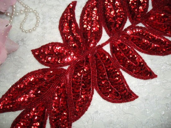 K8741  Red Leaf Cluster Sequin Beaded Applique 15"