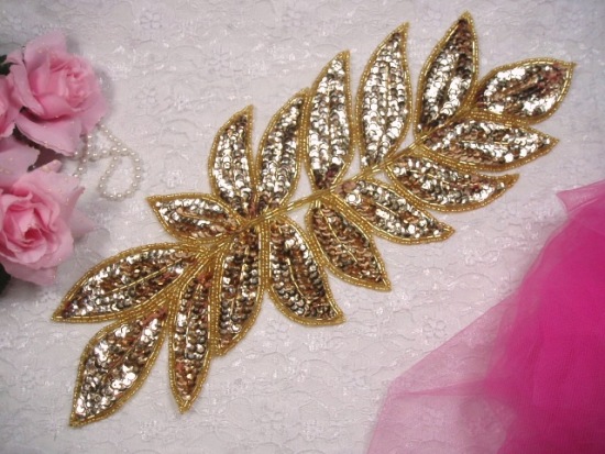 K8741  Gold Leaf Cluster Sequin Beaded Applique 15"