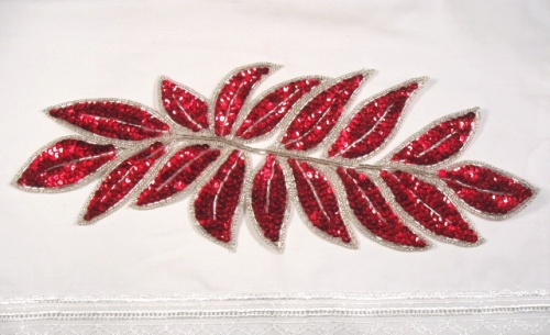 K8741  Red Silver Leaf Cluster Sequin Beaded Applique 15"