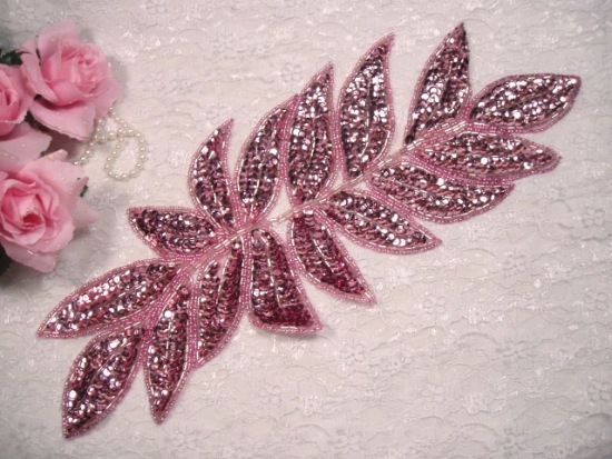 K8741  Mauve Leaf Cluster Sequin Beaded Applique 15"