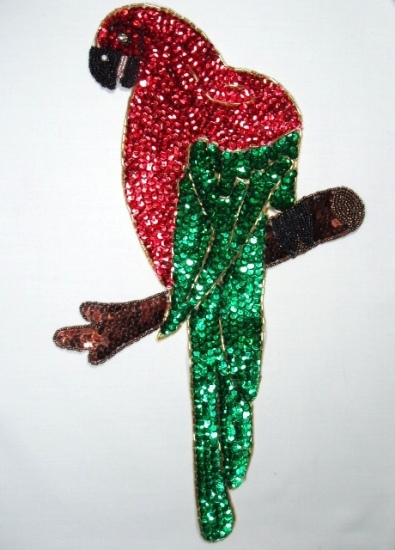 K8746  Extra Large Parrot Red & Green Sequin Beaded Applique 14"