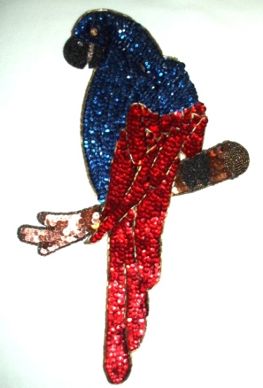 K8746  Extra Large Parrot  Red Blue 14" Sequin Beaded Applique
