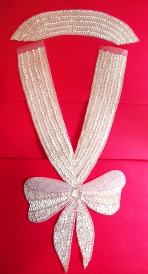 K8760   White AB Bow Collar Sequin Beaded Applique Set  16.5"