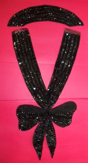 K8760   Black Bow Collar Sequin Beaded Applique (2 pc) Set  16.5"
