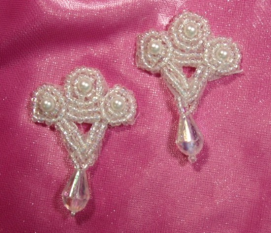 T8866  Set of ( 2 ) Crystal Pearl Dangle Beaded Appliques
