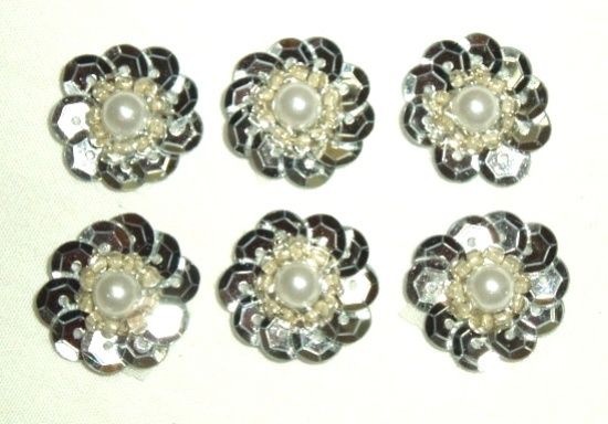 T8884 Set of 6 Silver Flower Sequin Pearl Appliques 5/8"