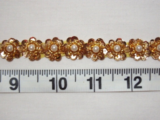 T8884 Gold Flower Sequin Pearl Applique or Trim 5/8"