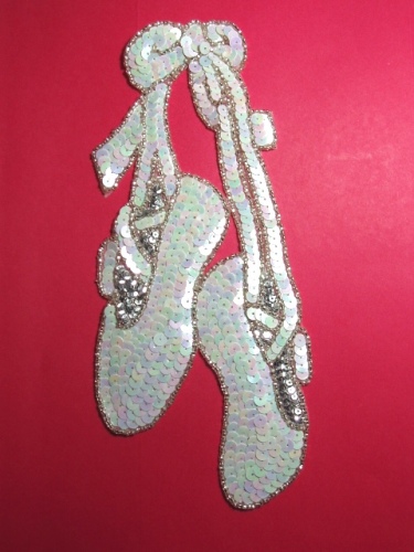 K8890  White / Silver Ballerina Slippers Sequin Beaded Applique 6.75"