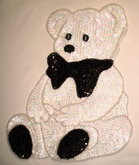 K8892  Medium White Teddy Bear Sequin Beaded Applique 7.5"