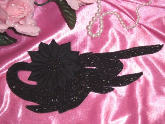 K8895   Black Floral  Sequin Beaded Applique 8.5"