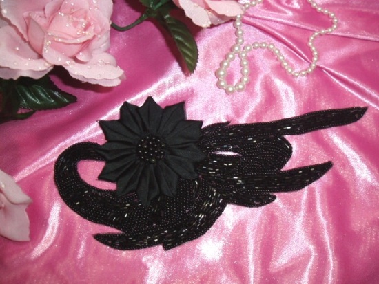 K8895   Black Floral  Sequin Beaded Applique 8.5"