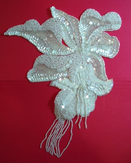 K8898   White AB  Floral Sequin Beaded Applique 11"
