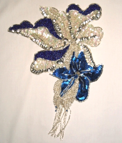 K8898  Blue Floral Dangle 11" Sequin Beaded Applique