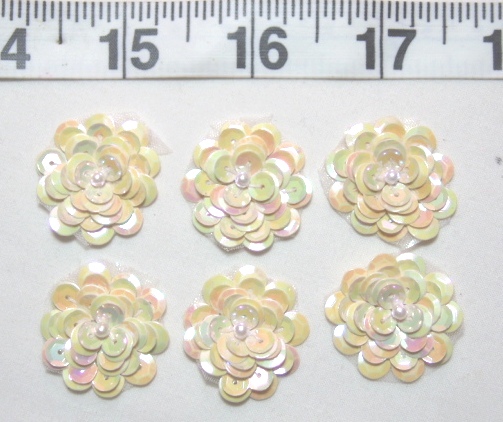 AT8900 Set of ( 6 ) Ivory Yellow AB Flower Sequin Pearl Appliques 1"