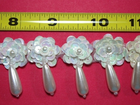 T8900D  White AB & Pearl Sequin Beaded Applique or Trim