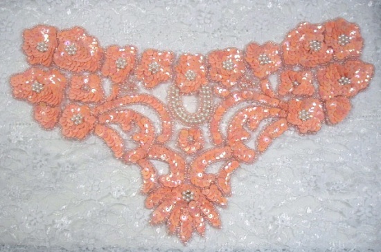 K8902   Peach Bodice Yoke 12.75" Sequin Beaded Applique