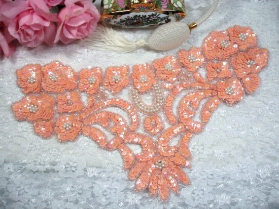 K8902   Peach Bodice Yoke 12.75" Sequin Beaded Applique