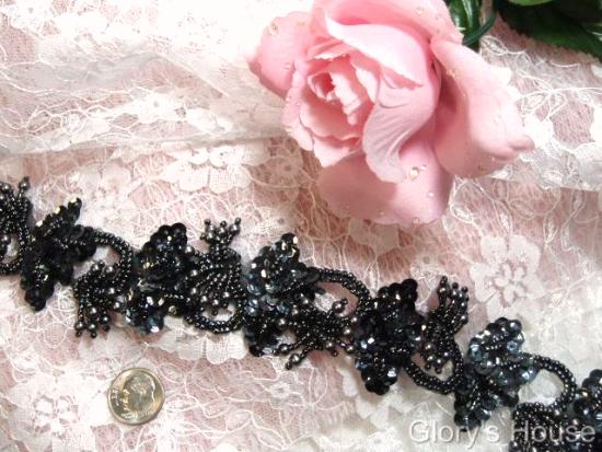 T8903  Gunmetal Sequin Beaded Trim or Applique