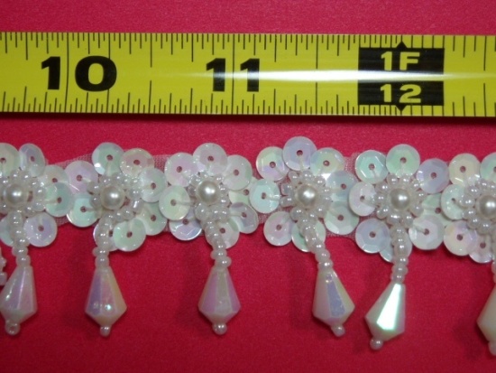 T8904  White AB Dangle Pearl Sequin Beaded Applique or Trim