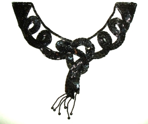 K8914  Black Dangle Collar Sequin Beaded Applique 9"