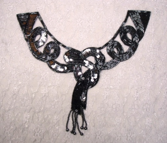 K8914  Gunmetal Dangle Collar Sequin Beaded Applique 9"