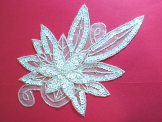 K8915  White AB Floral  Sequin Beaded Applique 8.5"