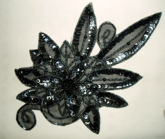 K8915  Gunmetal Floral  Sequin Beaded Applique 8.5"