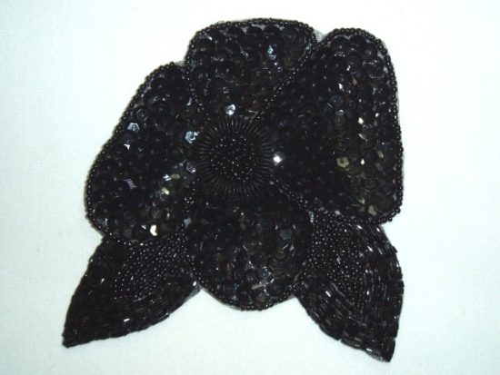 K8916  Black Floral  Sequin Beaded Applique 4.5"