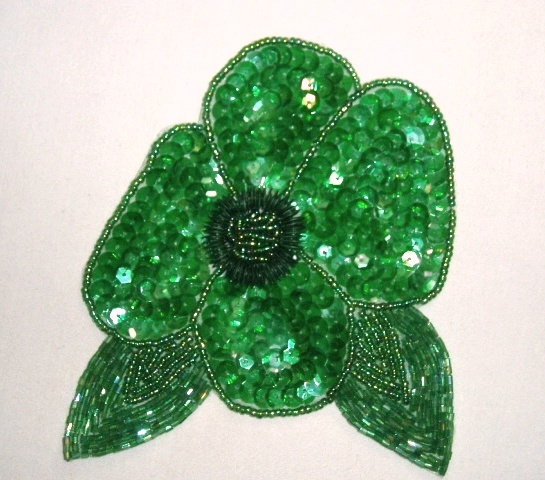 K8916  Green Crystal AB Floral  Sequin Beaded Applique 4.5"