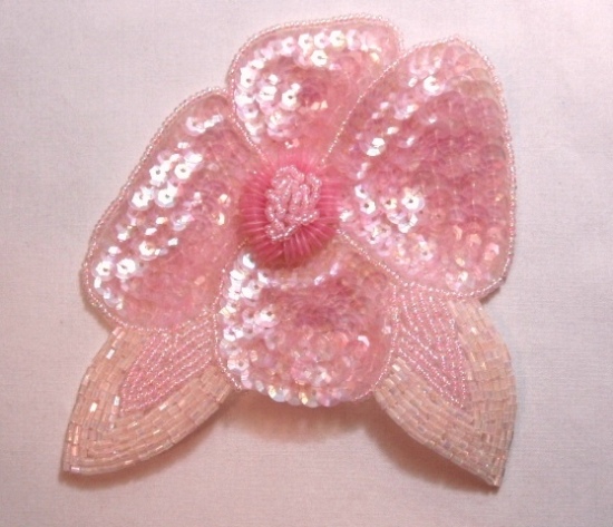 K8916  Pink Crystal AB Floral  Sequin Beaded Applique 4.5"
