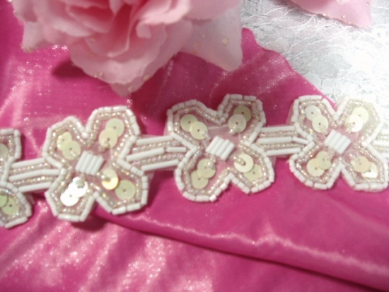 T8918 White X Sequin Beaded Applique or Trim 1.5"