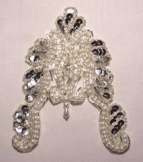 K8923  Silver Victorian Pearl Rhinestone Sequin Beaded Applique 5.5"
