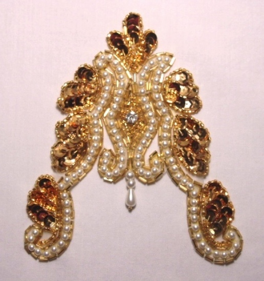 K8923  Gold Victorian Pearl Rhinestone Sequin Beaded Applique 5.5"