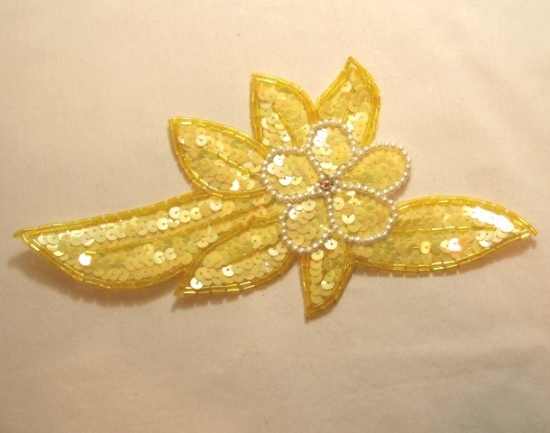 K8924  Yellow Pearl Floral Sequin Beaded Applique 8.25"