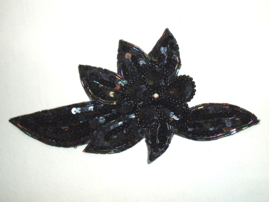 K8924  Black AB Floral Sequin Beaded Applique 8.25"