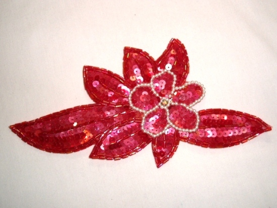 K8924  Red AB Pearl  Floral Sequin Beaded Applique 8.25"