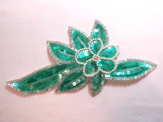 K8924  Crystal Green Pearl Floral Sequin Beaded Applique 8.25"