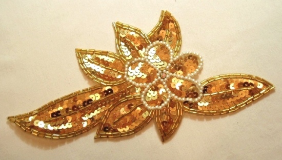 K8924  Gold Pearl Floral Sequin Beaded Applique 8.25"