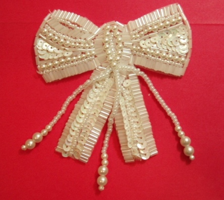 K8931  White AB Pearl Dangle Bow Sequin Beaded Applique 3.5"